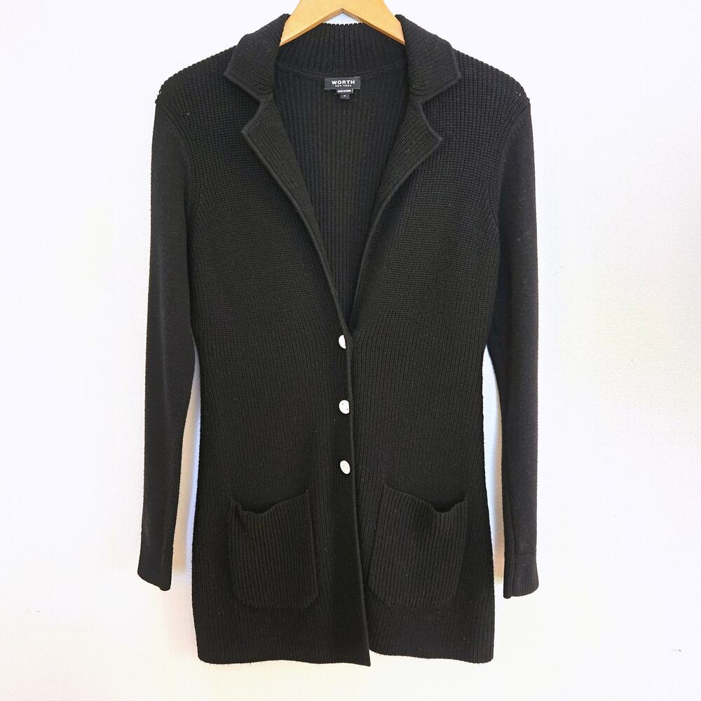 Worth New York 100% Wool Black Ribbed Cardigan Sweater Blazer Size S
